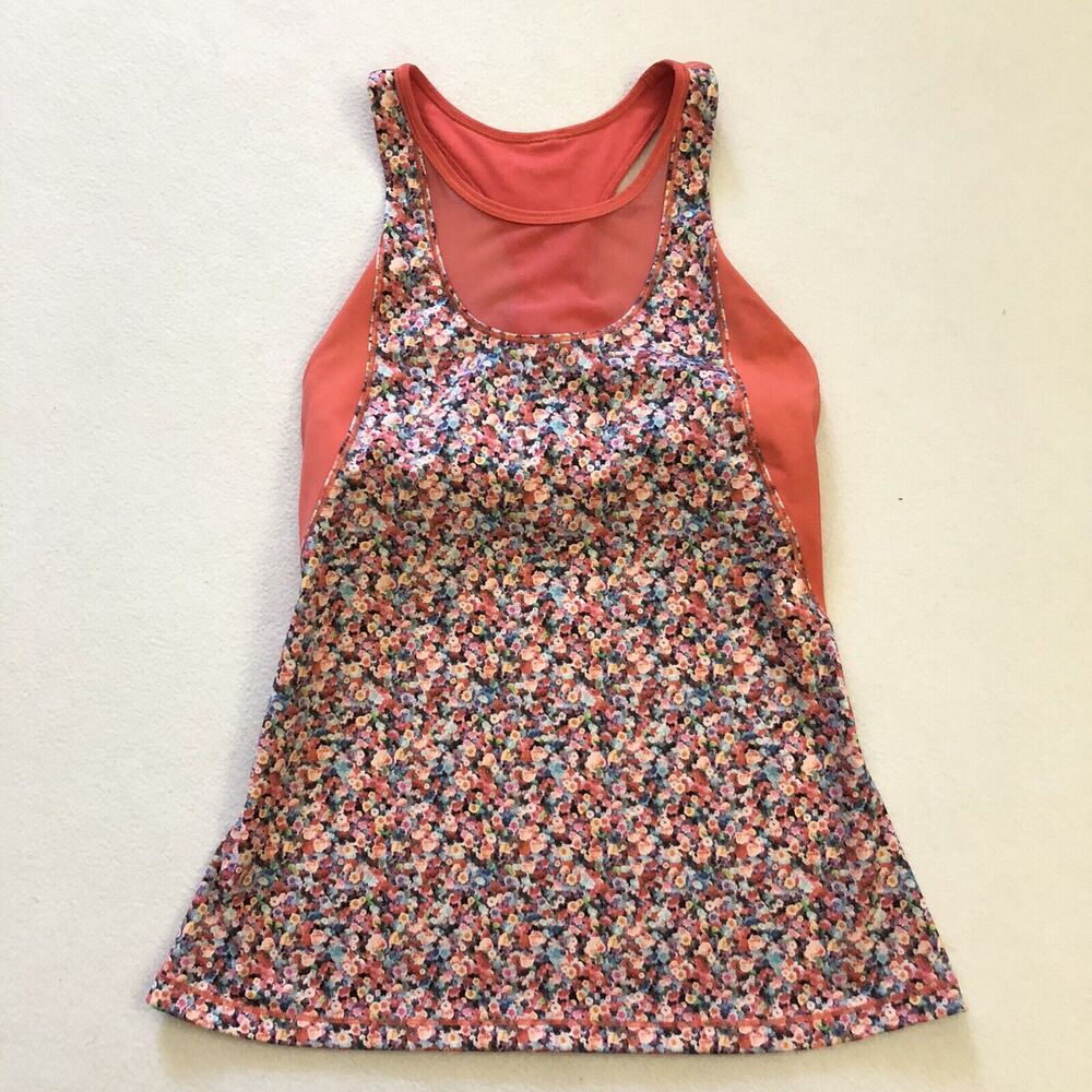 Lululemon Floral Coral Prism Petal Atomic Red Mesh With Me Tank Cutout Top 6